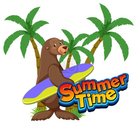 Téléchargez les illustrations : Sea lion cartoon character with summer time word illustration - en licence libre de droit