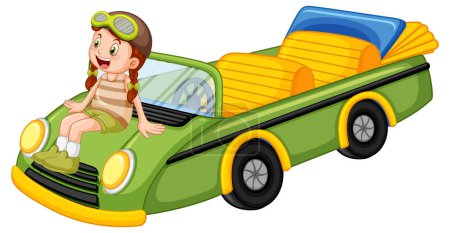 Téléchargez les illustrations : Une fille avec illustration de voiture décapotable vintage vert - en licence libre de droit
