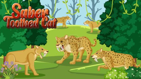 Illustration for Saber toothed cat in nature illustration - Royalty Free Image