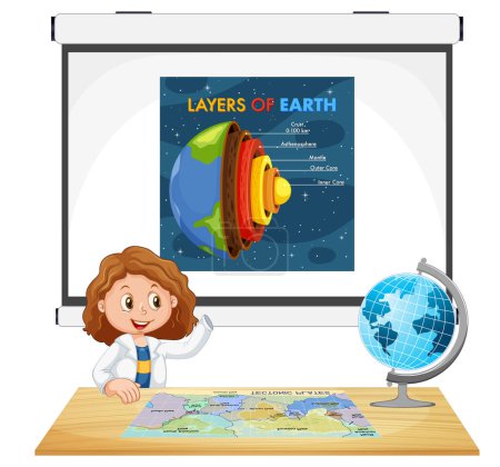 Téléchargez les illustrations : Étudiante expliquant couches de la terre illustration - en licence libre de droit