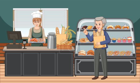Illustration for Bakery shop interior with seller and customer illustration - Royalty Free Image