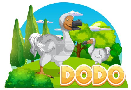 Téléchargez les illustrations : Dodo oiseau extinction animal dessin animé logo dans la nature illustration - en licence libre de droit