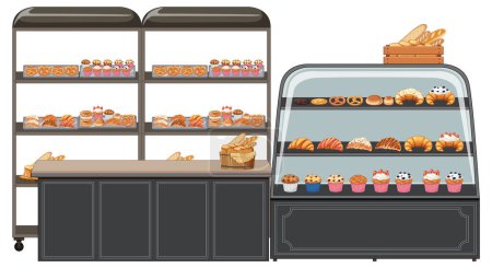 Illustration for Bakery showcase with pastry products illustration - Royalty Free Image