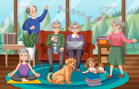 Téléchargez les illustrations : Partie de personnes âgées à la maison illustration - en licence libre de droit