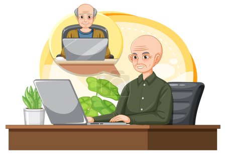 Ilustración de Hombre mayor usando el ordenador portátil en ilustración de escritorio - Imagen libre de derechos