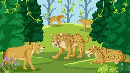 Illustration for Saber toothed cat group in the forest illustration - Royalty Free Image