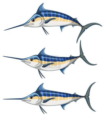 Téléchargez les illustrations : Personnage de dessin animé poisson marlin bleu dans différentes poses illustration - en licence libre de droit