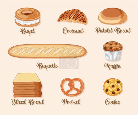 Téléchargez les illustrations : Illustration d'un ensemble de produits de boulangerie et pâtisserie - en licence libre de droit
