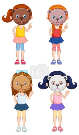 Téléchargez les illustrations : Ensemble de filles diffrentes portant des masques animaux illustration - en licence libre de droit