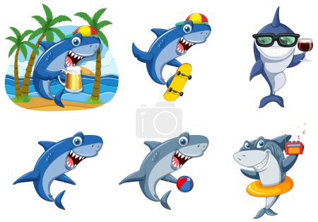 Illustration for Different sharks in summer beach illustration - Royalty Free Image