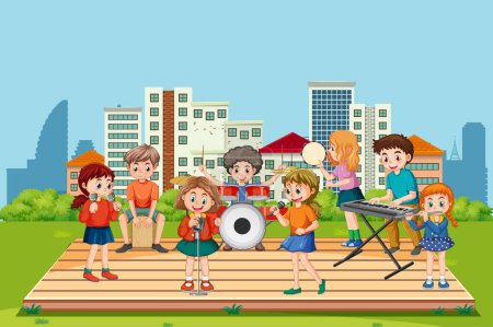 Ilustración de Niños tocando instrumento musical en la ilustración del parque - Imagen libre de derechos
