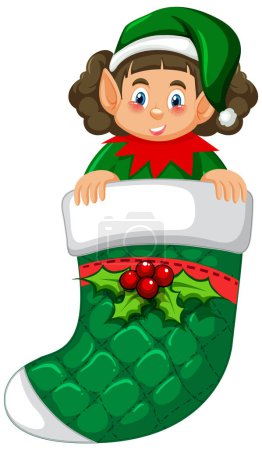 Téléchargez les illustrations : Elfe en chaussette de Noël illustration de personnage de dessin animé - en licence libre de droit