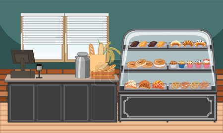 Illustration for Bakery shop interior with bakery showcase illustration - Royalty Free Image