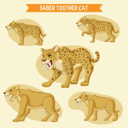 Illustration for Set of saber toothed cat cartoon character sticker illustration - Royalty Free Image