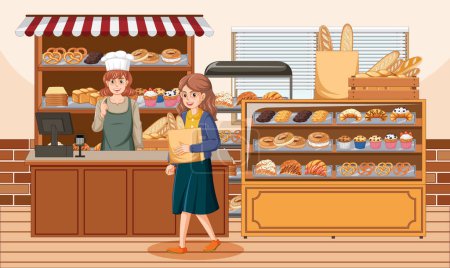 Ilustración de Panadería interior de la tienda con ilustración vendedor y cliente - Imagen libre de derechos