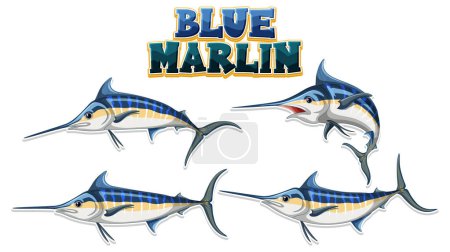 Illustration for Blue marlin fish cartoon character in different poses illustration - Royalty Free Image