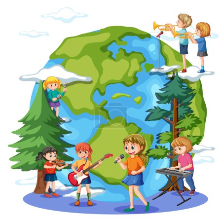 Téléchargez les illustrations : Children playing music on earth globe illustration - en licence libre de droit