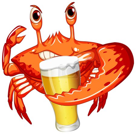 Illustration for Cute crab cartoon character drinking beer illustration - Royalty Free Image