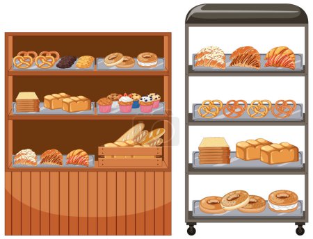 Téléchargez les illustrations : Vitrine de boulangerie avec illustration de produits de pâtisserie - en licence libre de droit