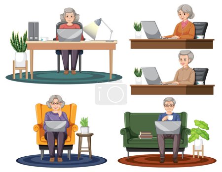 Illustration for Senior people using laptop set illustration - Royalty Free Image
