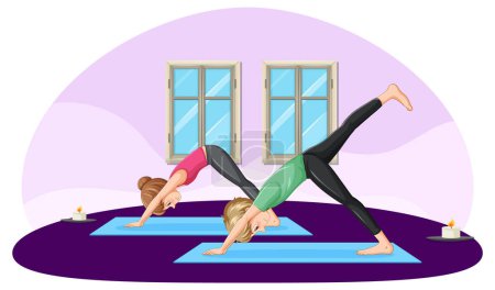 Ilustración de Pareja practicando yoga en casa ilustración - Imagen libre de derechos