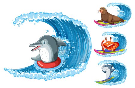 Ilustración de Animales marinos surfeando ilustración de personajes de dibujos animados - Imagen libre de derechos