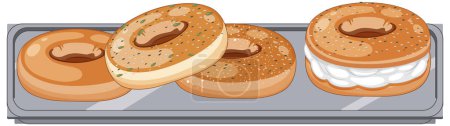Téléchargez les illustrations : Bakery bagel breads on tray illustration - en licence libre de droit