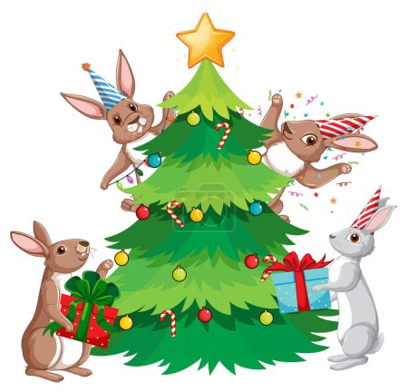 Ilustración de Árbol de Navidad con lindo conejo ilustración - Imagen libre de derechos