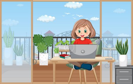 Téléchargez les illustrations : Une fille utilisant un ordinateur portable à la maison illustration - en licence libre de droit
