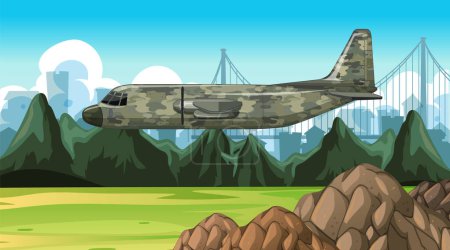 Téléchargez les illustrations : Military aircraft with outdoor scene background illustration - en licence libre de droit
