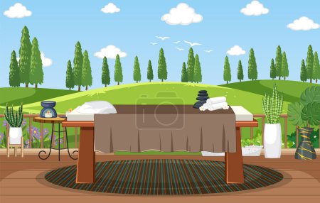 Illustration for Outdoor spa scene with spa bed and elements illustration - Royalty Free Image