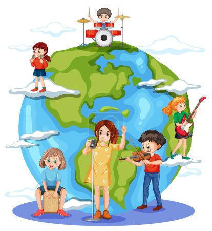 Illustration for Children playing music on earth globe illustration - Royalty Free Image