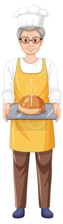 Téléchargez les illustrations : Senior baker holding bun bread illustration - en licence libre de droit