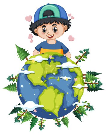 Téléchargez les illustrations : Un garçon sur terre planète dessin animé illustration - en licence libre de droit
