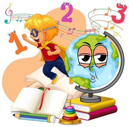 Illustration for A kids with earth globe on books pile illustration - Royalty Free Image