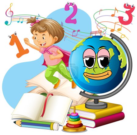 Téléchargez les illustrations : Un enfant avec globe terrestre sur des livres empilent illustration - en licence libre de droit