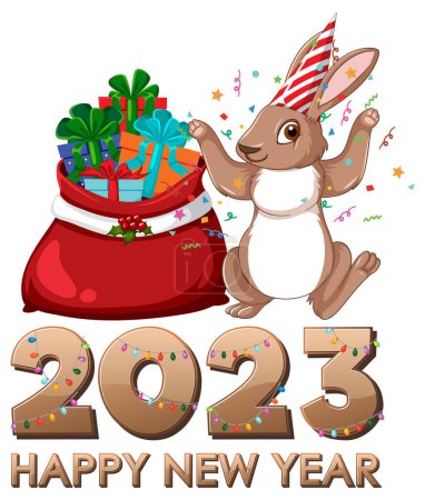 Téléchargez les illustrations : Bonne année texte avec lapin mignon pour illustration de conception de bannière - en licence libre de droit