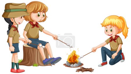 Téléchargez les illustrations : Camping kids roasting marshmallow on campfire illustration - en licence libre de droit