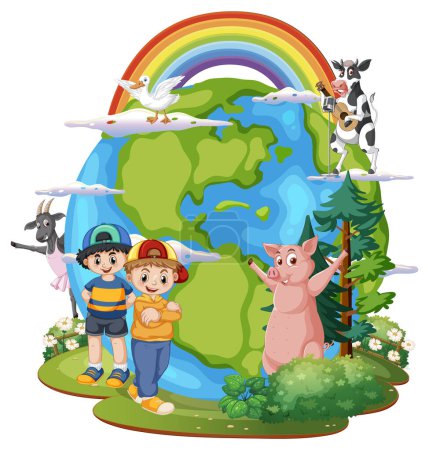Téléchargez les illustrations : Earth planet with cartoon characters illustration - en licence libre de droit