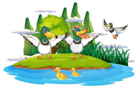 Ilustración de Happy duck group in nature scene illustration - Imagen libre de derechos