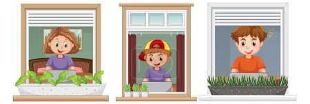 Illustration for Kids using computer and looking through the window illustration - Royalty Free Image