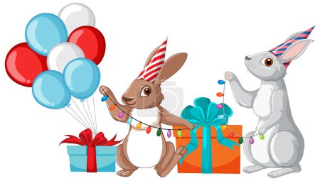 Téléchargez les illustrations : Personnage de dessin animé lapin avec illustration sac cadeau - en licence libre de droit
