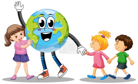 Téléchargez les illustrations : Trois enfants avec illustration de globe terrestre dessin animé - en licence libre de droit