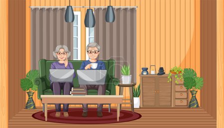 Téléchargez les illustrations : Couple aîné utilisant ordinateur portable à la maison illustration - en licence libre de droit