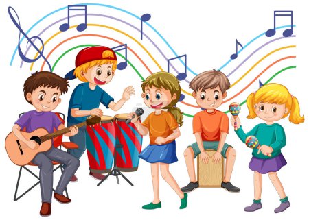 Téléchargez les illustrations : Enfants heureux jouant des instruments de musique illustration - en licence libre de droit