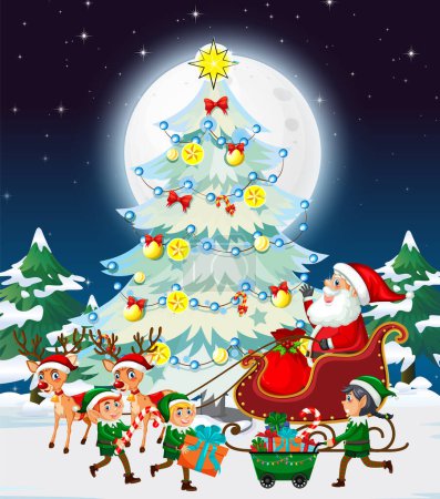Illustration for Christmas night with Santa Claus on sleigh illustration - Royalty Free Image