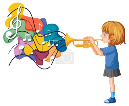Illustration for A girl playing trumpet cartoon illustration - Royalty Free Image