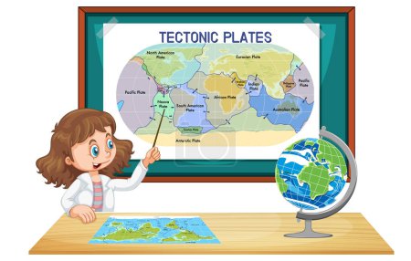 Téléchargez les illustrations : Étudiante expliquant l'illustration des plaques tectoniques - en licence libre de droit