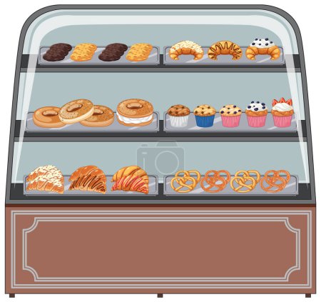 Téléchargez les illustrations : Vitrine de boulangerie avec illustration de produits de pâtisserie - en licence libre de droit