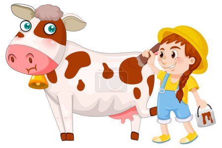 Illustration for A girl painting on cow cartoon character illustration - Royalty Free Image